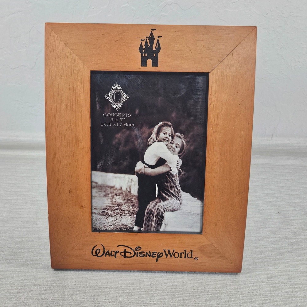 Vtg Walt Disney World Natural Wood 5x7 Picture Frame Castle Logo Souvenir